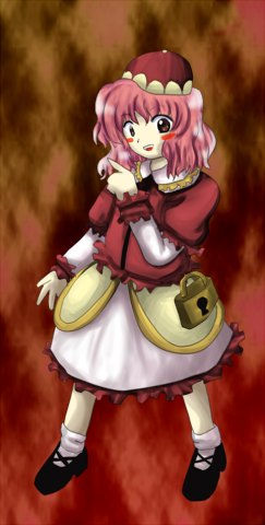 cynthia2, sakuragi rian, zun (artist), kawashiro mitori, original, touhou, lowres, 1girl, alternate costume, alternate hair color, blush, blush stickers, female focus, hat, layered sleeves, official style, parody, pink hair, solo, style parody, zun (style)
