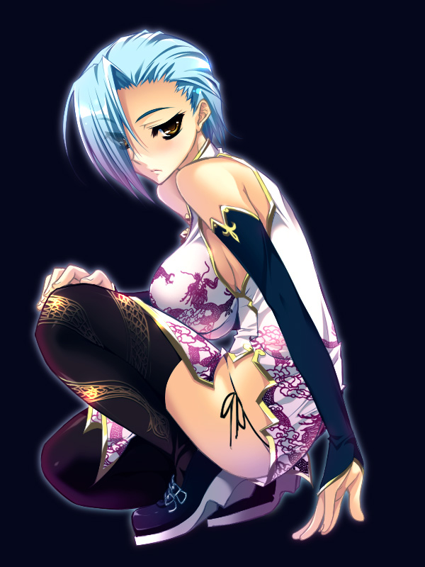 non-web source, blue hair, brown eyes, china dress, chinese clothes, detached sleeves, dress, short hair, solo, squatting, thighhighs