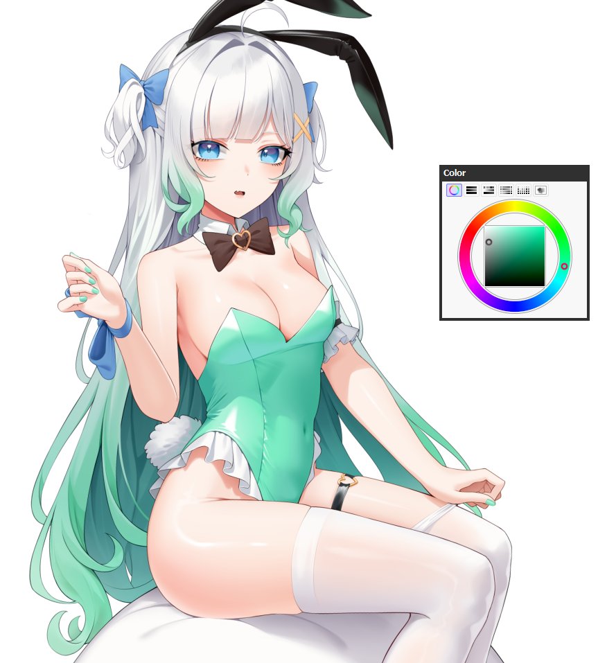 vaughnilla, mint fantome, indie virtual youtuber, 1girl, ahoge, animal ear hairband, animal ears, black bow, black bowtie, blue bow, blue eyes, blue ribbon, bow, bowtie, breasts, collar, covered navel, detached collar, fake animal ears, gradient hair, green hair, green leotard, green nails, hair bow, hairband, heart, heart o-ring, leotard, long hair, multicolored hair, o-ring, o-ring thigh strap, open mouth, rabbit ear hairband, rabbit ears, rabbit tail, ribbon, sitting, solo, strapless, strapless leotard, tail, thigh strap, thighhighs, virtual youtuber, white collar, white hair, white thighhighs, wrist ribbon