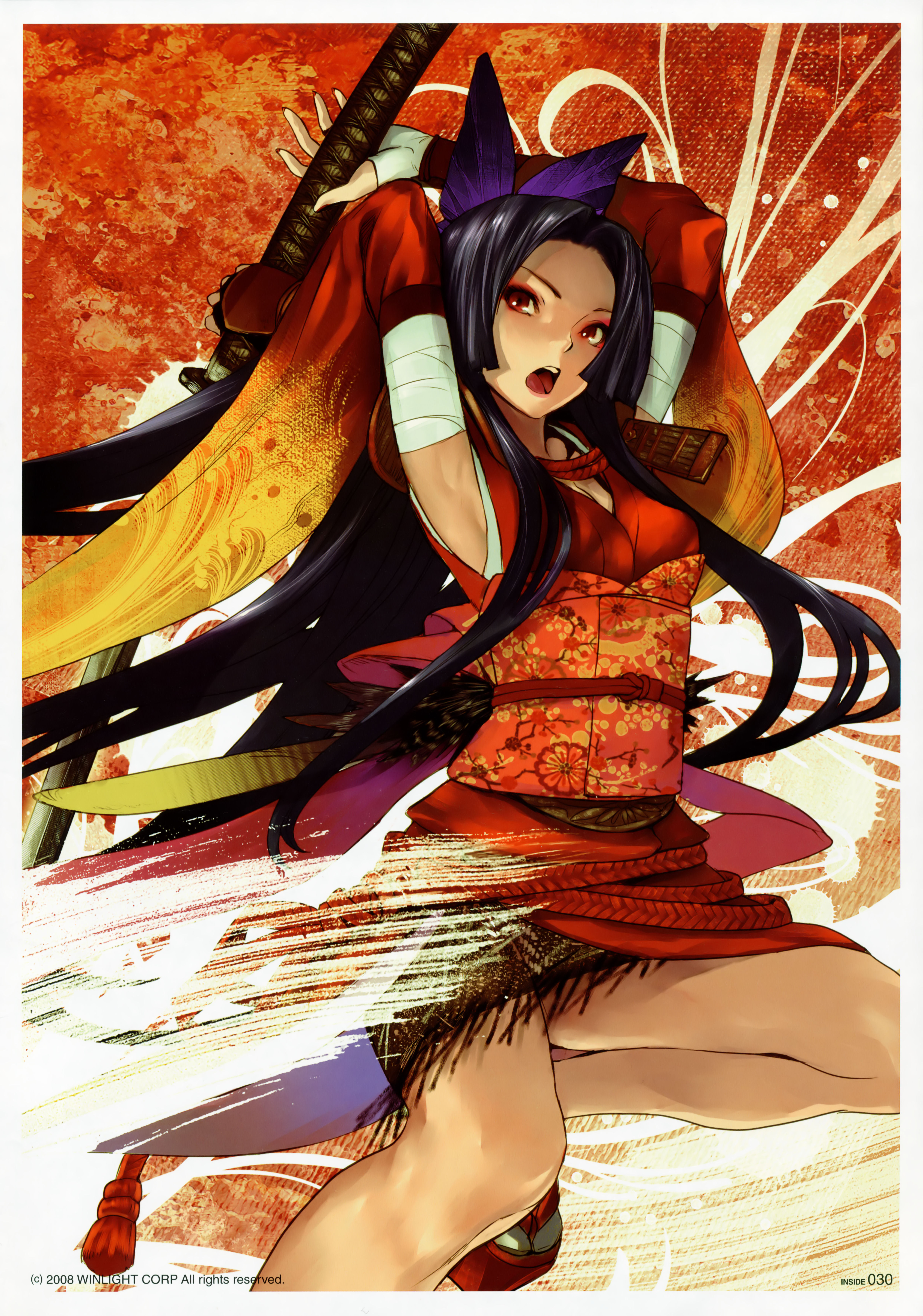 redjuice, absurdres, highres, 1girl, black hair, female focus, japanese clothes, katana, red eyes, solo, sword, weapon