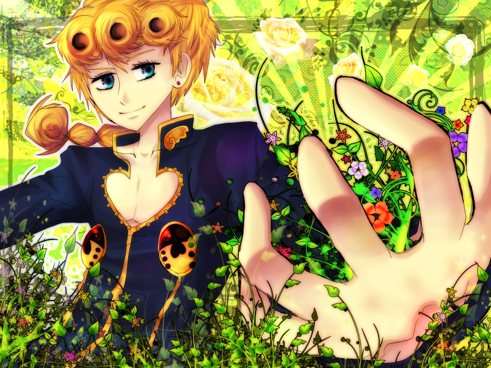 pohe, giorno giovanna, jojo no kimyou na bouken, vento aureo, bad id, bad pixiv id, 1boy, blonde hair, blue eyes, braid, flower, foreshortening, male focus, parody, pectoral cleavage, pectorals, plant, single braid, solo