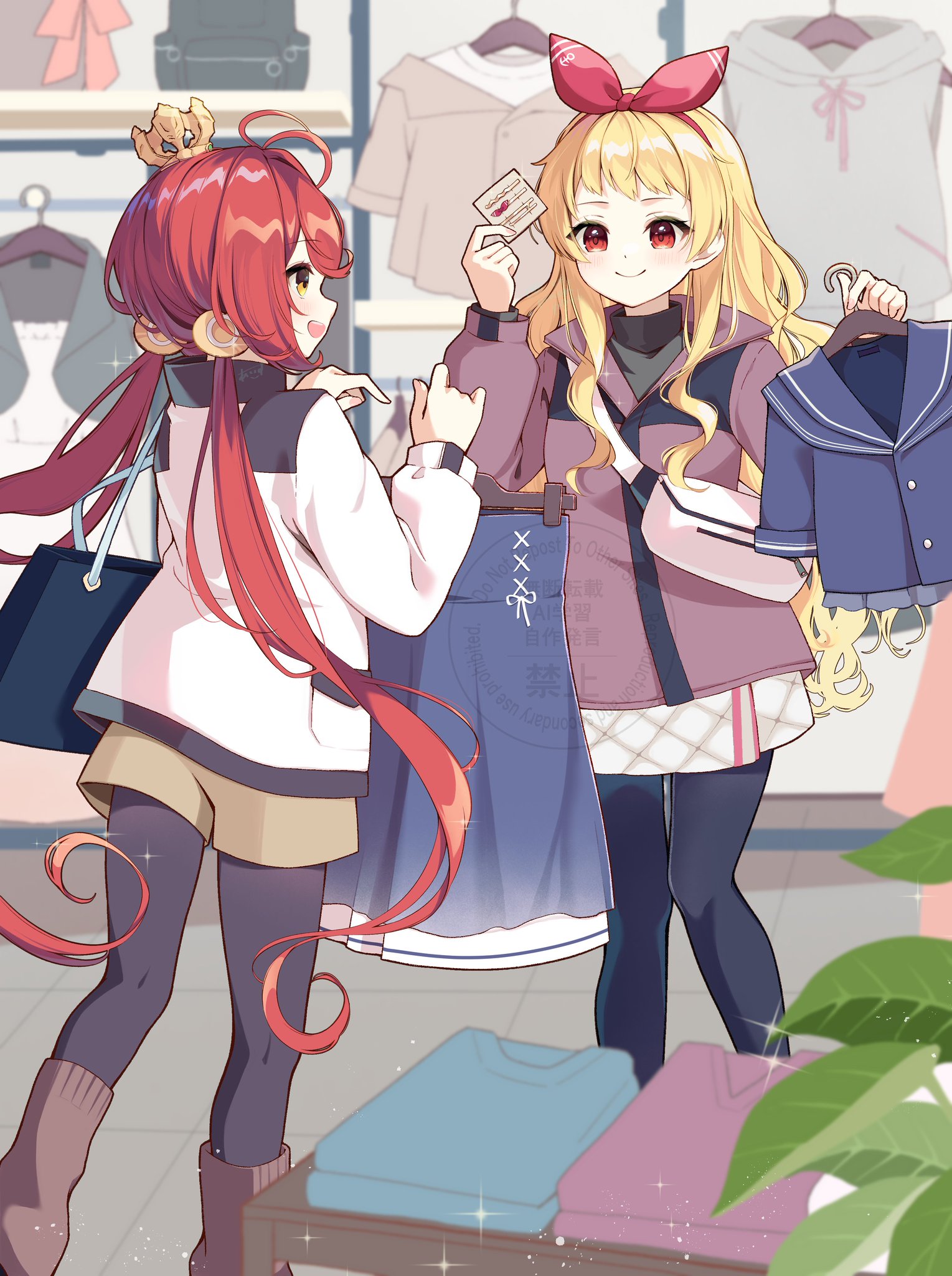aisu (i ce pinon pino), jenkins (azur lane), jersey (azur lane), azur lane, chinese commentary, commentary, commission, highres, skeb commission, 2girls, alternate costume, antenna hair, bag, black sweater, blonde hair, blue bag, blue cardigan, blue dress, blue pantyhose, blurry, blurry foreground, blush, bow, breasts, brown leg warmers, brown shorts, cardigan, casual, closed mouth, clothes hanger, clothes rack, clothes shop, crown, dress, fanny pack, feet out of frame, fingernails, folded clothes, hair bow, hair ornament, hair ribbon, hand up, handbag, holding, holding clothes hanger, holding hairpin, hood, hoodie, jacket, leg warmers, long hair, long sleeves, low twintails, mini crown, multiple girls, open mouth, pantyhose, pink jacket, plant, red eyes, red hair, red ribbon, ribbon, shelf, shopping, shorts, sidelocks, signature, skirt, small breasts, smile, sparkle, standing, sweater, teeth, tile floor, tiles, turtleneck, turtleneck sweater, twintails, upper teeth only, very long hair, watermark, wavy hair, white bag, white jacket, white skirt, yellow eyes