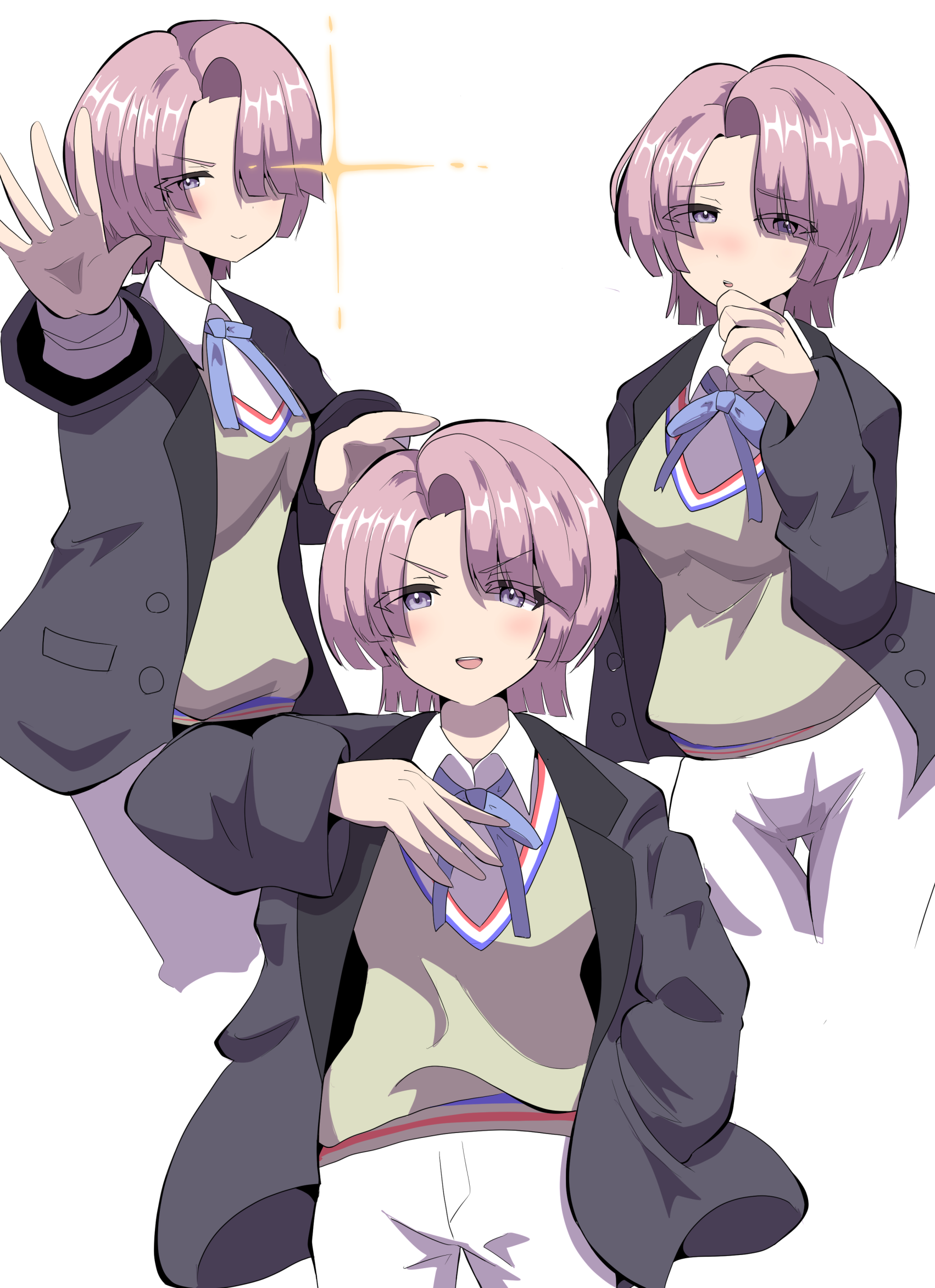 takobutter, arimura mao, gakuen idolmaster, idolmaster, commentary request, highres, 1girl, :d, black jacket, blazer, blue bow, blush, bow, breasts, brown hair, brown sweater, closed mouth, collared shirt, eyes visible through hair, gluteal fold, hair over one eye, jacket, multiple views, open clothes, open jacket, open mouth, outstretched arm, pants, parted lips, purple eyes, school uniform, shirt, short hair, simple background, small breasts, smile, sweater, thigh gap, v-shaped eyebrows, white background, white pants, white shirt