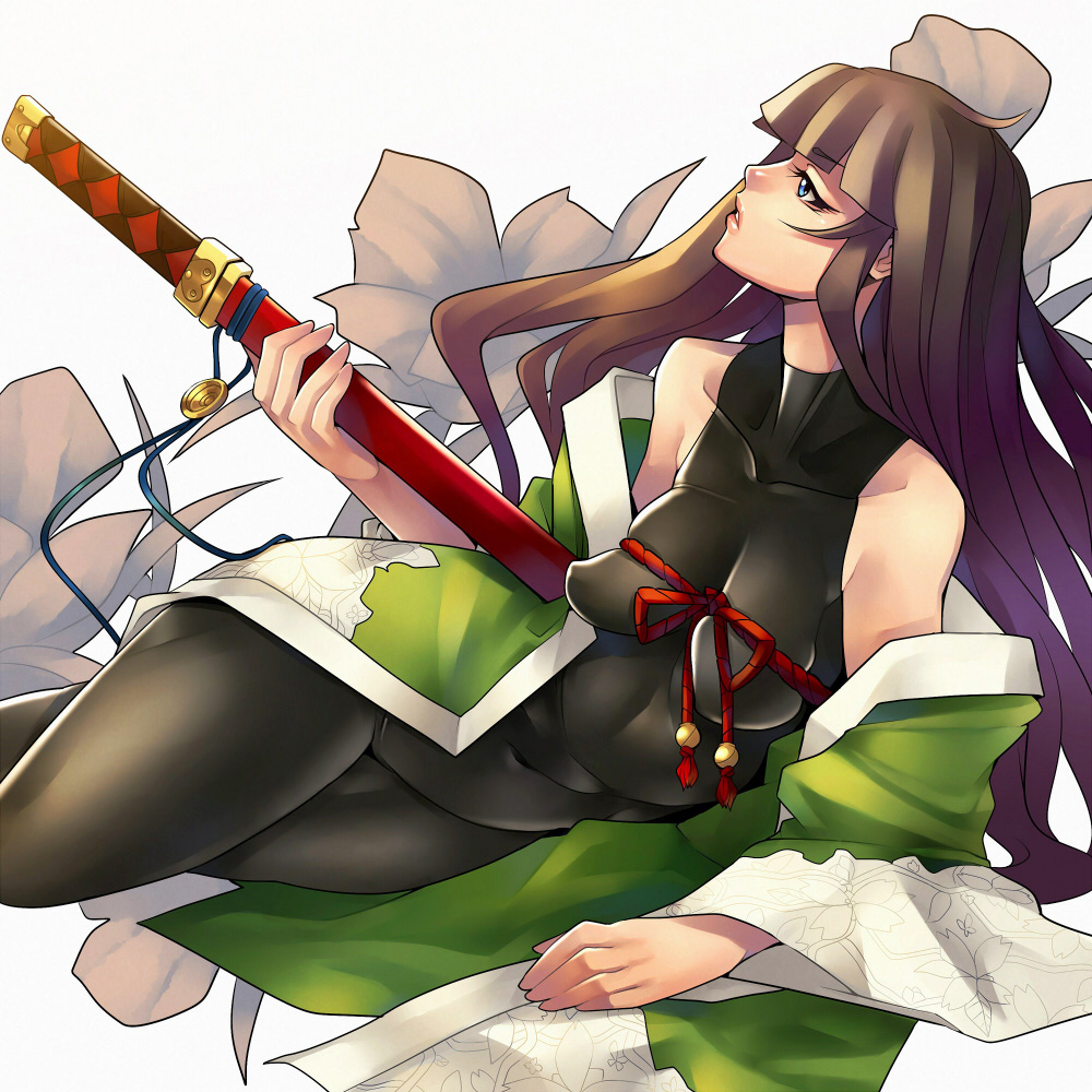 ban! (bansankan), ran (7th dragon), samurai (7th dragon), 7th dragon, 7th dragon (series), original, bad id, bad pixiv id, 1girl, blue eyes, blunt bangs, breasts, brown hair, female focus, hime cut, large breasts, long hair, lying, solo, sword, weapon