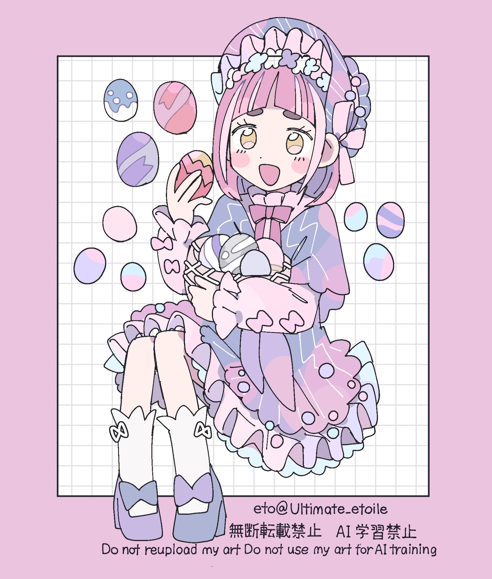 remoooon, lacey (pokemon), nintendo, pokemon, pokemon sv, highres, 1girl, :d, alternate costume, arched bangs, bonnet, border, bow, bowtie, capelet, dress, easter egg, egg, frilled bonnet, frilled dress, frills, full body, long sleeves, looking at viewer, open mouth, pink border, pink bow, pink bowtie, pink hair, purple bonnet, purple capelet, purple dress, purple shoes, shoes, simple background, sitting, smile, socks, solo, white background, white socks, yellow eyes