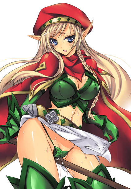 sanshoku amido, alleyne (queen's blade), fighting master alleyne, queen's blade, 00s, 1girl, armor, beret, blue eyes, blush, breasts, brown hair, cape, clothes lift, crotch rub, elf, female focus, female masturbation, greaves, hat, large breasts, leaf panties, leaf print, long hair, masturbation, panties, pointy ears, print panties, pussy juice, skirt, skirt lift, solo, sweat, underwear