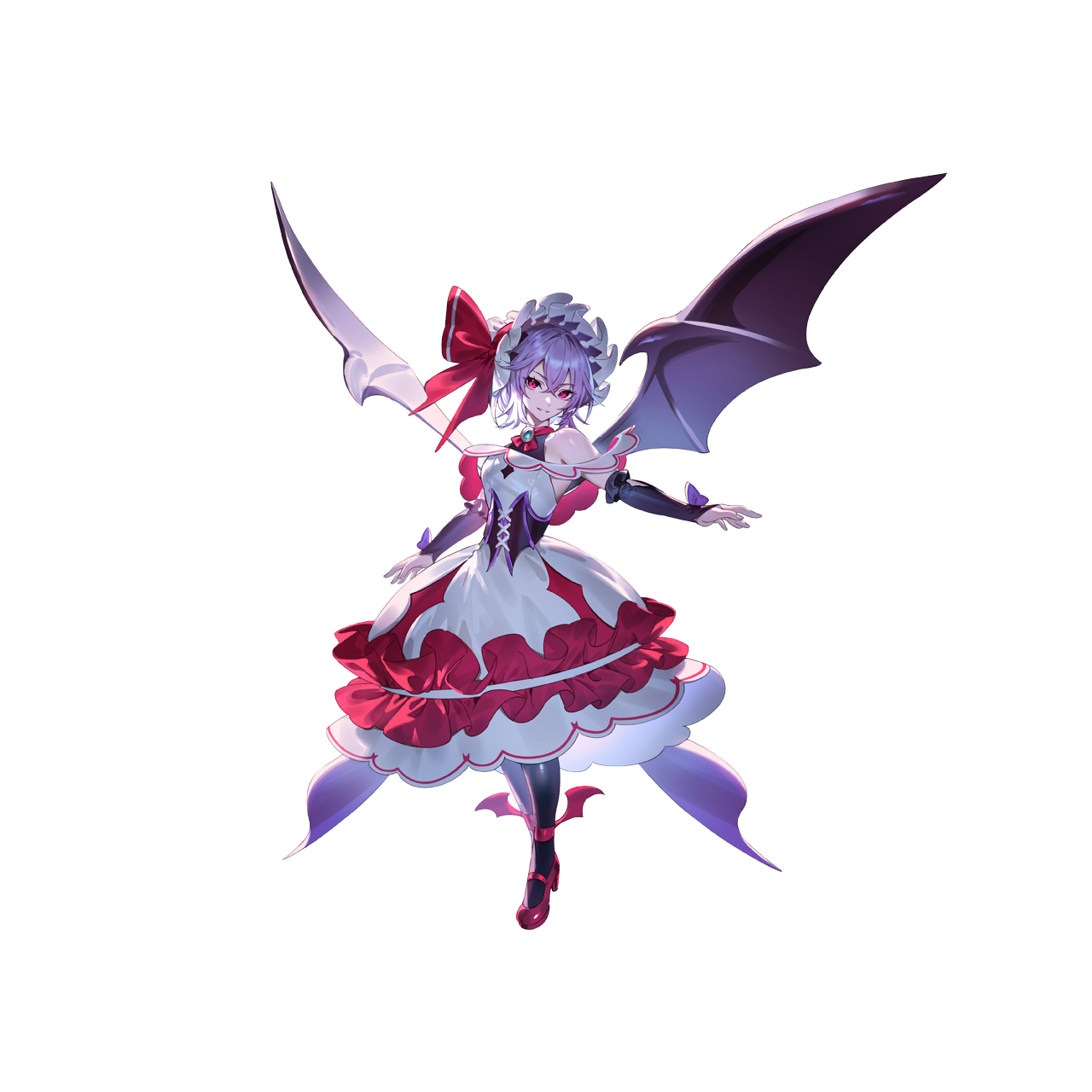 u u zan, remilia scarlet, touhou, touhou gensou eclipse, game cg, highres, non-web source, official art, second-party source, 1girl, alternate costume, ascot, bat wings, black pantyhose, black sleeves, breasts, brooch, corset, dress, full body, hat, jewelry, looking at viewer, mob cap, pantyhose, purple corset, red ascot, red eyes, red shoes, shoes, smile, solo, transparent background, white dress, wings