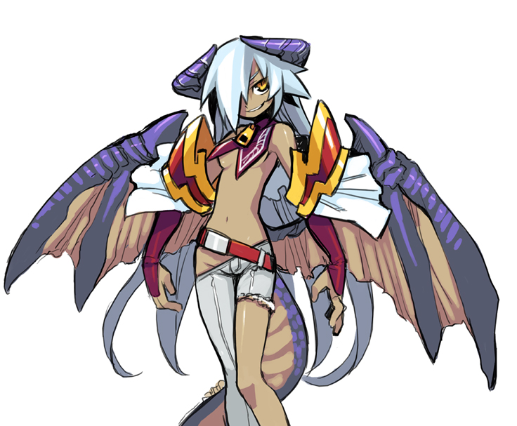 shigehiro (hiroi heya), original, silver hair, 1girl, belt, breasts, dark-skinned female, dark skin, denim, dragon girl, dragon tail, dragon wings, female focus, flat chest, grin, hair over one eye, horns, jeans, long hair, medium breasts, monster girl, pants, sideboob, smile, solo, tail, torn clothes, underboob, very long hair, wings
