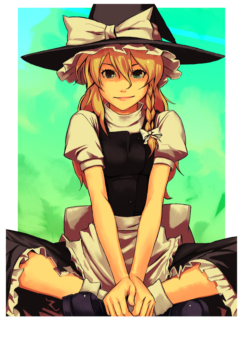 yuuji (and), kirisame marisa, touhou, bad id, bad pixiv id, 1girl, blonde hair, braid, crossed legs, female focus, green eyes, grin, hat, indian style, long hair, maid, side braid, sitting, smile, solo, witch, witch hat