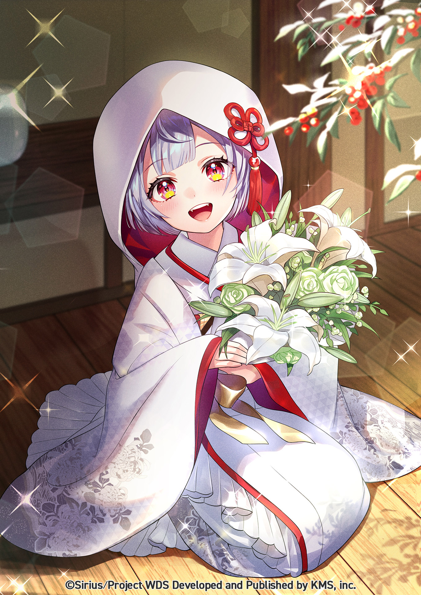 r/k, senju iroha, world dai star, highres, official art, + +, 1girl, bouquet, bride, flower, holding, holding bouquet, hood, indoors, japanese clothes, kimono, looking at viewer, open mouth, seiza, short hair, sitting, smile, solo, sparkle, uchikake, watermark, wooden floor