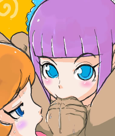 ana (warioware), jimmy t, kat (warioware), nintendo, warioware, artist request, lowres, 1boy, 2girls, blue eyes, blush, cooperative fellatio, dark-skinned male, dark skin, deepthroat, fellatio, loli, multiple girls, oral, orange hair, penis, pink hair, purple hair, sexual coaching, short hair, siblings, sisters, sweat, teamwork, teamwork (sexual), testicles, uncensored