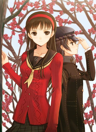 seiru (prairie), amagi yukiko, shirogane naoto, atlus, persona, persona 4, 2girls, adjusting clothes, adjusting headwear, androgynous, back-to-back, black eyes, black hair, crossdressing, crossdressing (ftm), gakuran, hairband, hat, headband, long sleeves, looking at viewer, multiple girls, neckerchief, reverse trap, school uniform, serafuku