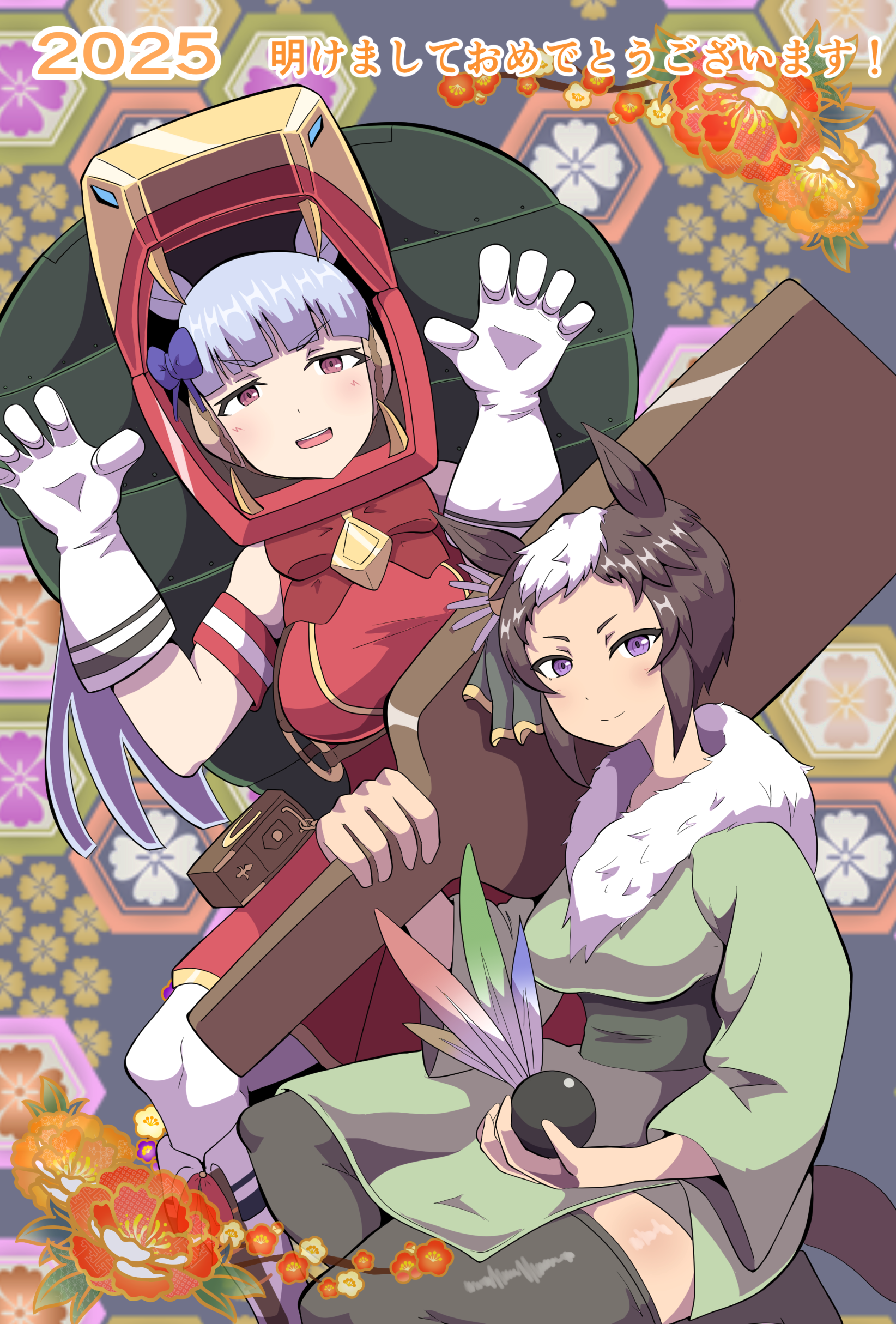 takobutter, gold ship (red strife) (umamusume), gold ship (umamusume), mejiro ryan (umamusume), umamusume, absurdres, commentary request, highres, translation request, 2025, 2girls, :d, bare shoulders, boots, bow, breasts, chinese zodiac, claw pose, dress, ear covers, fold-over boots, fur trim, gloves, grey hair, grey thighhighs, hands up, large breasts, long hair, multiple girls, open mouth, pantyhose, purple bow, red bow, red dress, red eyes, sleeveless, sleeveless dress, smile, thighhighs, very long hair, white boots, white gloves, white pantyhose, year of the snake