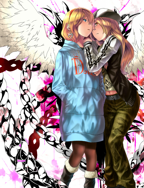 inuzuka bouru, alice margatroid, kirisame marisa, touhou, bad id, bad pixiv id, 2girls, alternate costume, blonde hair, casual, clothes writing, contemporary, female focus, hands in pockets, hood, hoodie, jacket, midriff, multiple girls, navel, pantyhose, track jacket, wings