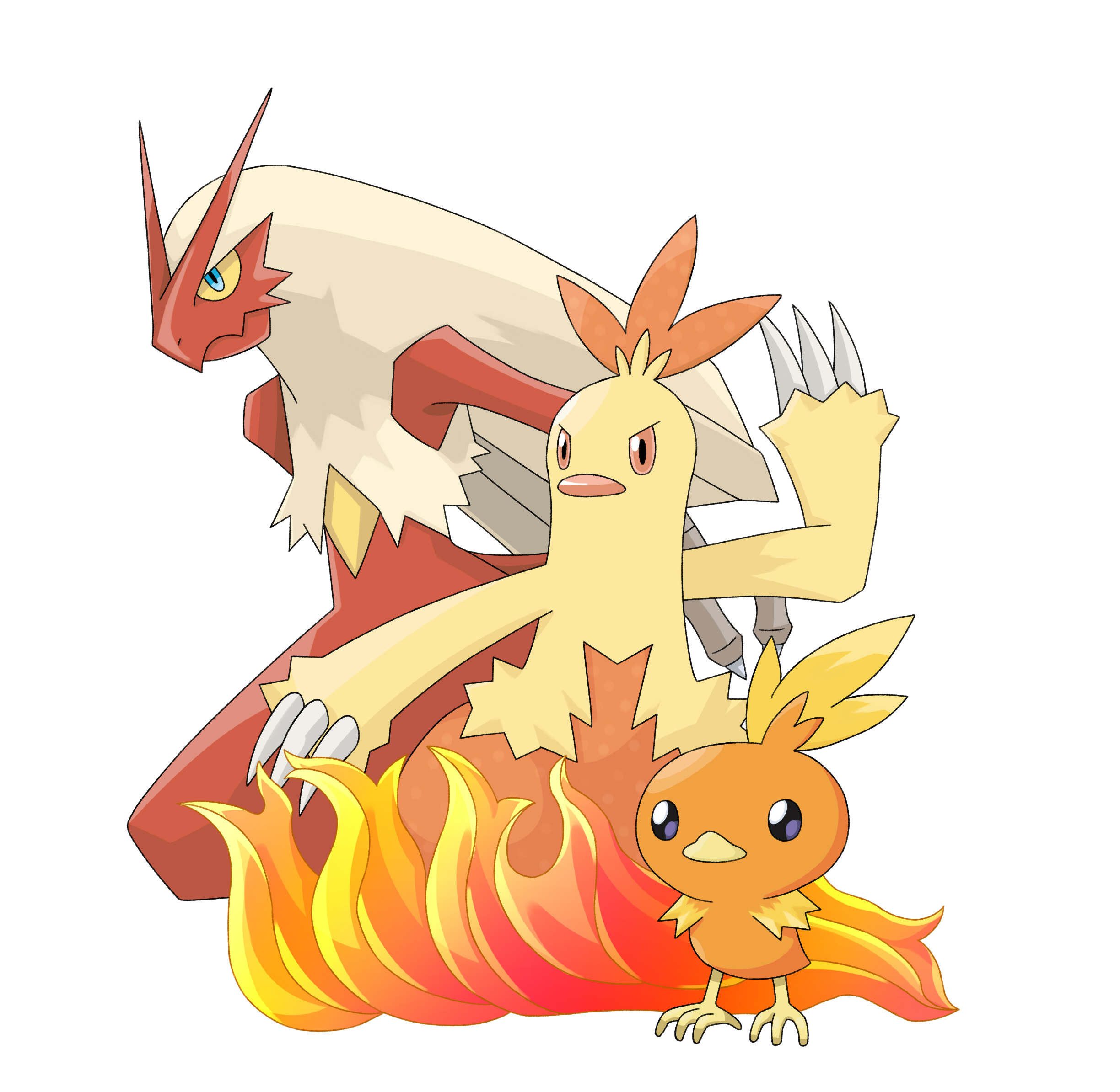 tozimete yauyu, blaziken, combusken, torchic, nintendo, pokemon, highres, blue eyes, brown sclera, colored sclera, evolutionary line, fire, gen 3 pokemon, no humans, pokemon (creature), simple background, solo, standing, white background, yellow sclera