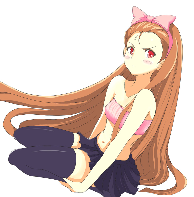 willwind30, minase iori, idolmaster, idolmaster (classic), idolmaster 1, 00s, 1girl, bandeau, black thighhighs, blush, brown hair, female focus, flat chest, hairband, long hair, midriff, red eyes, ribbon, skirt, solo, strapless, thighhighs, tube top