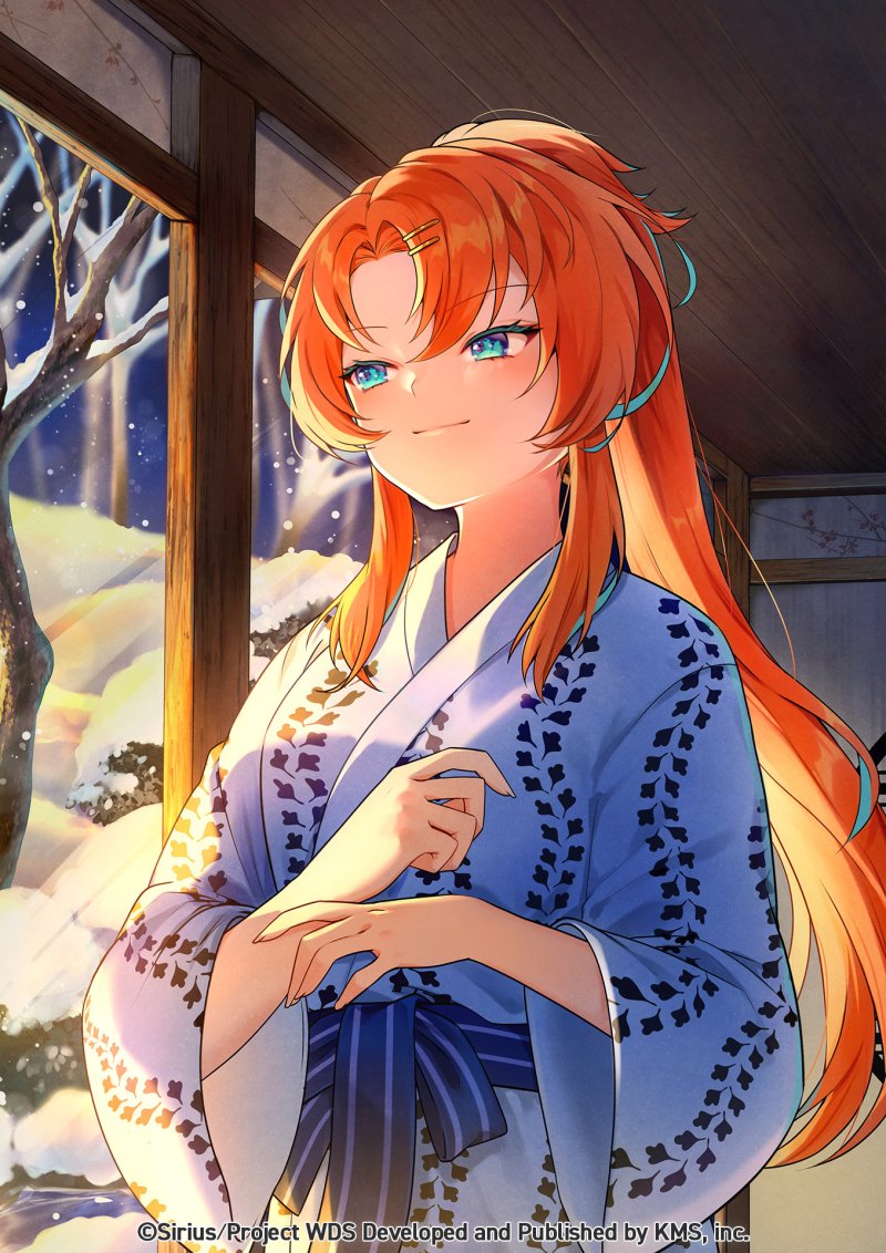 kyashii (a3yu9mi), ramona wolf, world dai star, official art, 1girl, alternate costume, blue eyes, blush, breasts, hair ornament, japanese clothes, kimono, long hair, night, orange hair, smile, solo, twitter username, wide sleeves, yukata