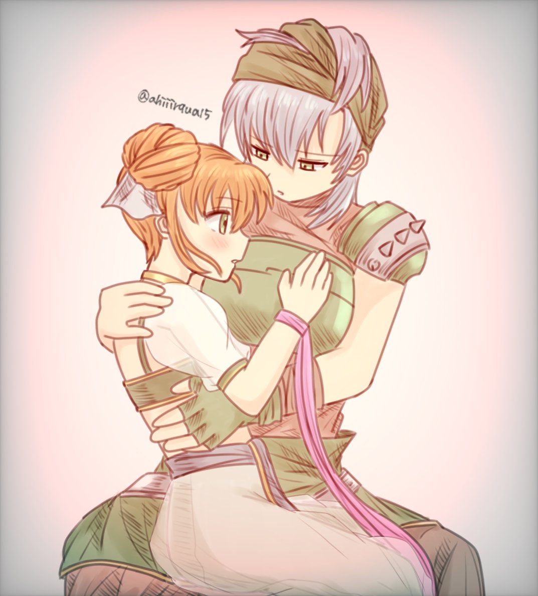 ahiiirqua15, echidna (fire emblem), larum (fire emblem), fire emblem, fire emblem: the binding blade, nintendo, 2girls, blush, fingerless gloves, gloves, green eyes, green gloves, hair between eyes, looking at another, multiple girls, orange hair, parted lips, puffy short sleeves, puffy sleeves, short hair, short sleeves, single glove, twitter username, yuri