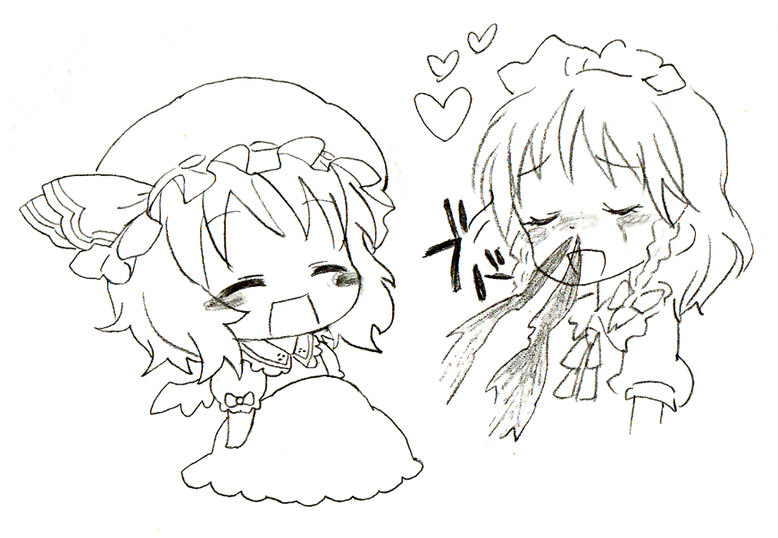 rias-shiki kawaii, izayoi sakuya, remilia scarlet, touhou, bad id, bad pixiv id, 2girls, blood, braid, chibi, dress, female focus, greyscale, hat, heart, maid, monochrome, multiple girls, nosebleed, short hair, twin braids, white background, wings