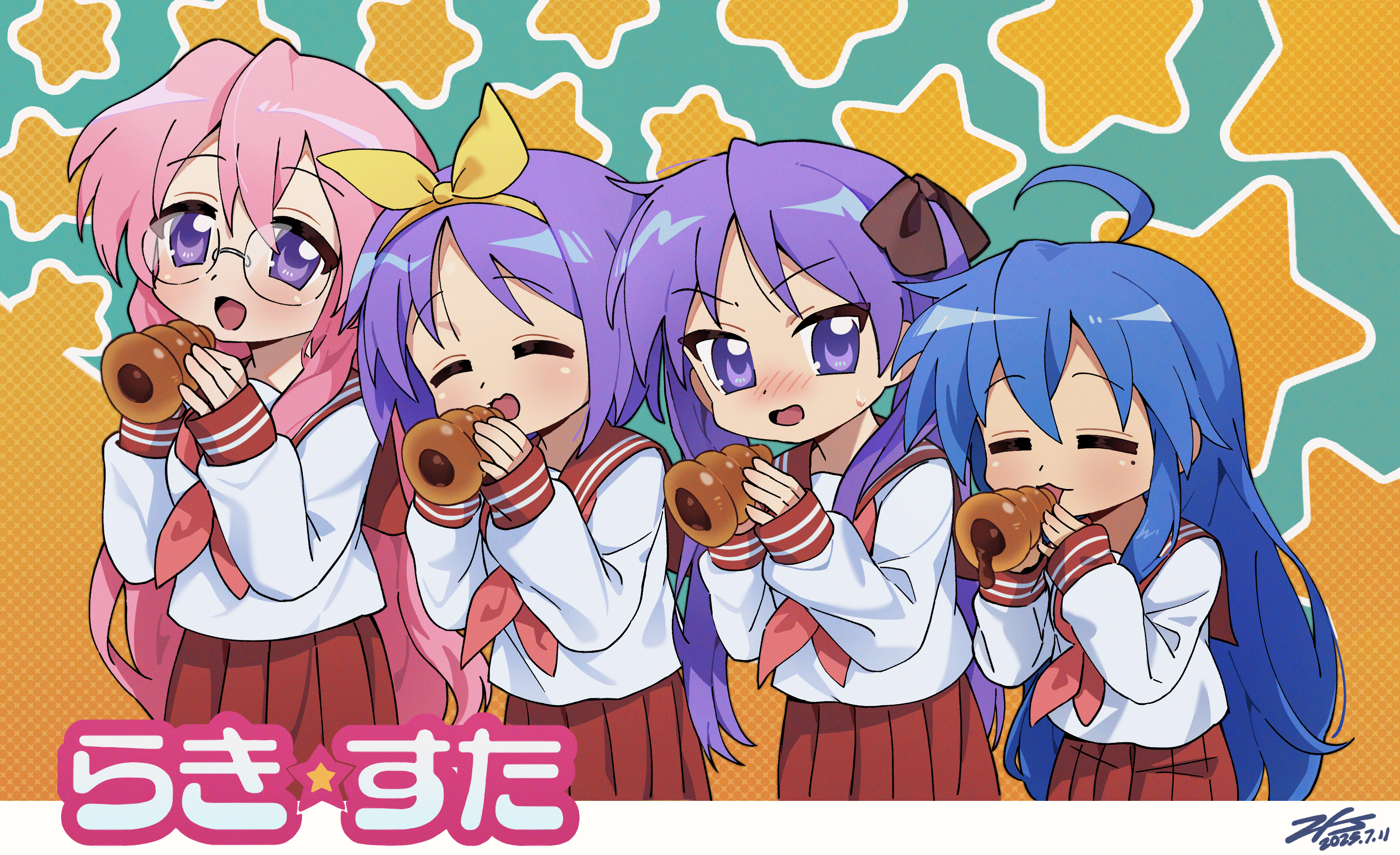 hiiragi kagami, hiiragi tsukasa, izumi konata, takara miyuki, lucky star, absurdres, highres, 2025, 4girls, :3, ben-day dots, black bow, blue hair, blush, bow, chocolate cornet, closed eyes, copyright name, dated, food, friends, glasses, green background, long hair, mole, mole under eye, multiple girls, open mouth, pink hair, purple eyes, purple hair, round eyewear, ryouou school uniform, school uniform, screentones, short hair, siblings, sisters, star (symbol), star symbol background, twins, twintails, user rfwa5323