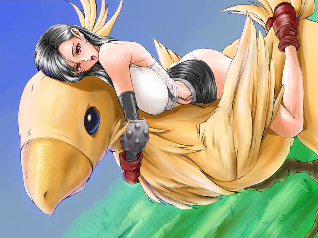 fuji dokoro, chocobo, tifa lockhart, final fantasy, final fantasy vii, jpeg artifacts, 1990s (style), 1girl, black hair, blush, breasts, hug, large breasts, long hair, pencil skirt, red eyes, skirt, very long hair