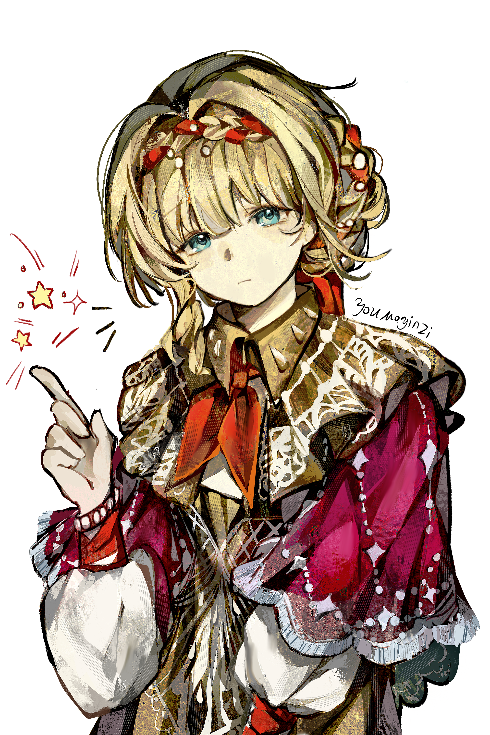 reverse:1999, absurdres, highres, 1girl, artist name, blonde hair, blue eyes, braid, braided bangs, brown dress, cloak, closed mouth, dress, hand up, index finger raised, kiperina, long hair, low ponytail, neckerchief, ponytail, red cloak, red neckerchief, solo, star (symbol), upper body, white background, youmo yinzi