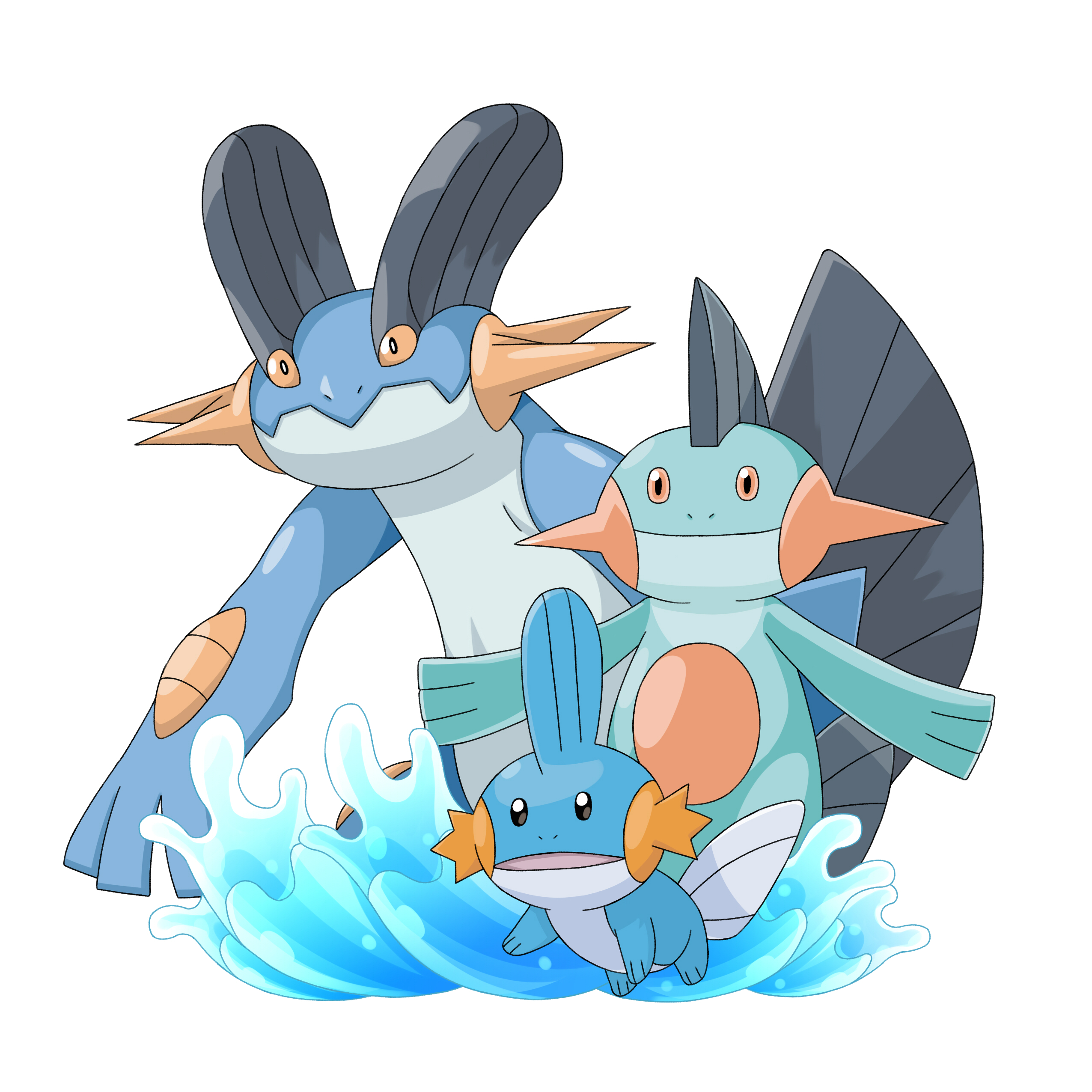 tozimete yauyu, marshtomp, mudkip, swampert, nintendo, pokemon, absurdres, highres, black eyes, evolutionary line, gen 3 pokemon, no humans, open mouth, pokemon (creature), simple background, water, white background, yellow eyes