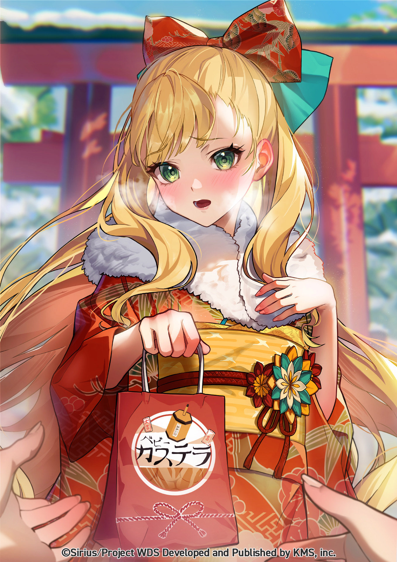 themis (themis adgjm), kathrina griebel, world dai star, highres, official art, 1girl, bag, blonde hair, blurry, blush, bow, breath, day, depth of field, floral print, fur collar, green eyes, hair bow, heavy breathing, japanese clothes, kimono, long hair, looking at viewer, obi, open mouth, out of frame, outdoors, pov, pov hands, sash, solo focus, wide sleeves