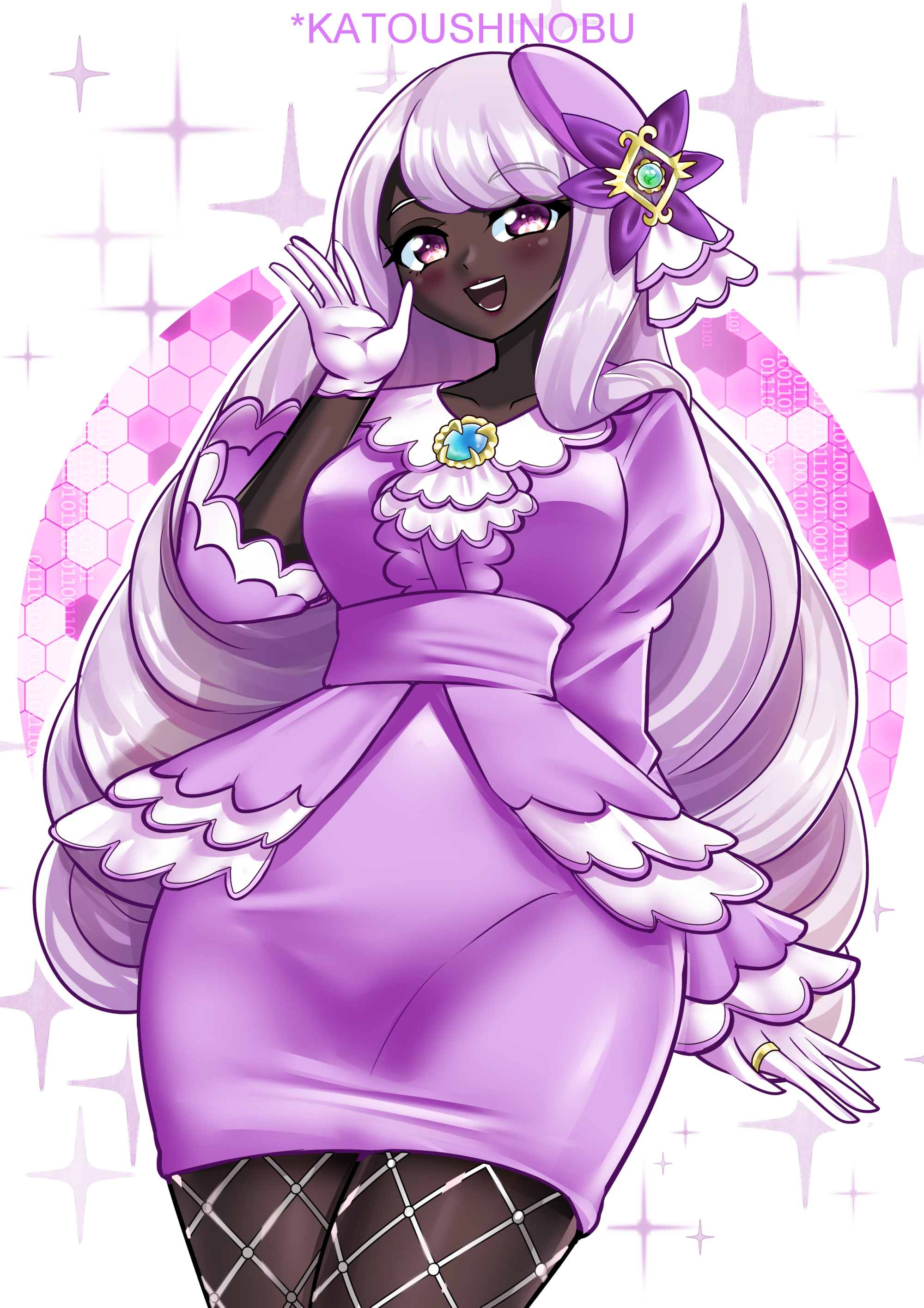 katou shinobu, jacinthe (pokemon), nintendo, pokemon, pokemon legends: z-a, fluffy hair, absurdres, commentary, english commentary, highres, 1girl, :d, artist name, blush, breasts, brooch, center frills, covered groin, cowboy shot, dark-skinned female, dark skin, dress, fascinator, fishnet pantyhose, fishnets, frills, gloves, gold ring, hand up, hat, honeycomb (pattern), honeycomb background, jewelry, juliet sleeves, large breasts, long hair, long sleeves, looking at viewer, mini hat, open mouth, pantyhose, pear-shaped figure, pencil dress, puffy sleeves, purple background, purple dress, purple eyes, purple hat, purple theme, smile, solo, sparkle background, standing, swept bangs, thick thighs, thighs, very dark skin, very long hair, white background, white gloves, white hair, wide hips