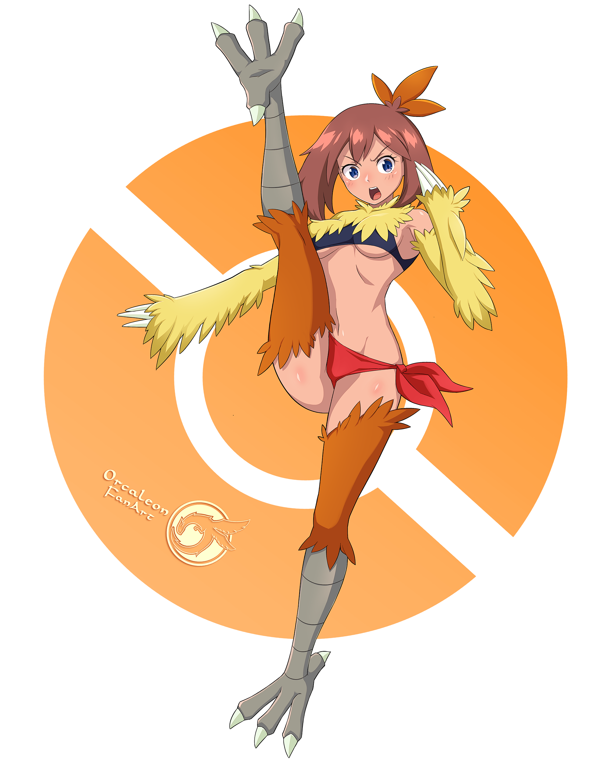 orcaleon, combusken, may (pokemon), nintendo, pokemon, absurdres, commentary, english commentary, highres, 1girl, artist name, bird legs, blue eyes, blush, breasts, brown hair, combusken (cosplay), cosplay, full body, gen 3 pokemon, kicking, medium hair, midriff, open mouth, poke ball symbol, small breasts, solo, standing, standing on one leg
