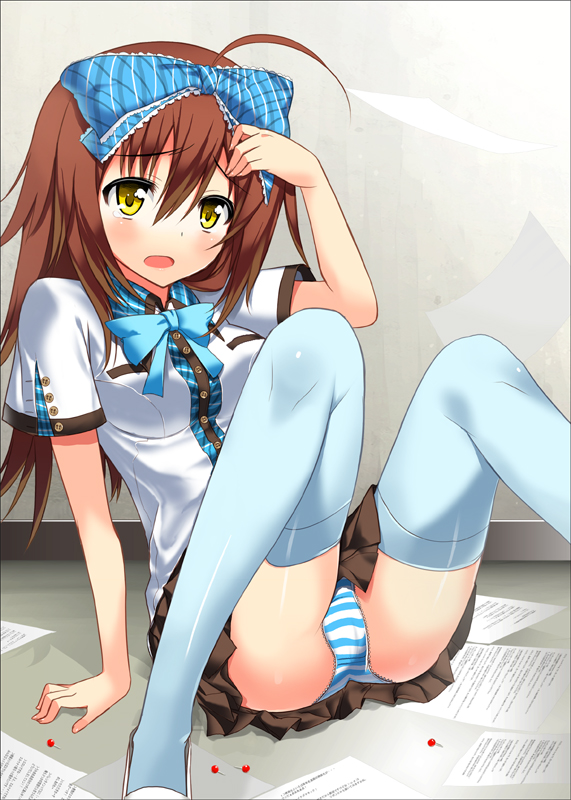 char, original, 1girl, blue thighhighs, blush, brown hair, fallen down, female focus, hair ribbon, long hair, panties, pantyshot, ribbon, school uniform, skirt, solo, striped clothes, striped panties, thighhighs, underwear, upskirt, yellow eyes