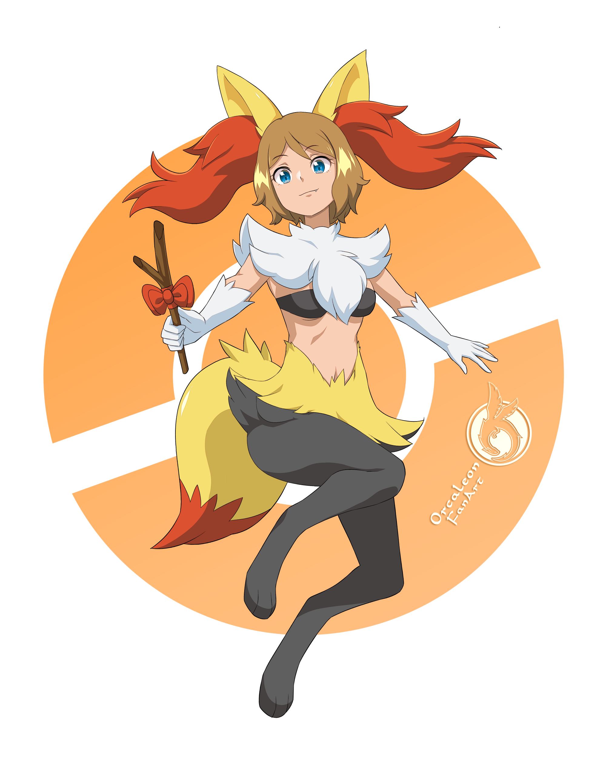 orcaleon, braixen, serena (pokemon), nintendo, pokemon, pokemon (anime), pokemon xy, absurdres, highres, mixed-language commentary, 1girl, animal ears, blue eyes, bow, breasts, brown hair, fang, gen 6 pokemon, gloves, holding, holding stick, monsterification, poke ball symbol, red bow, short hair, small breasts, solo, stick, white gloves