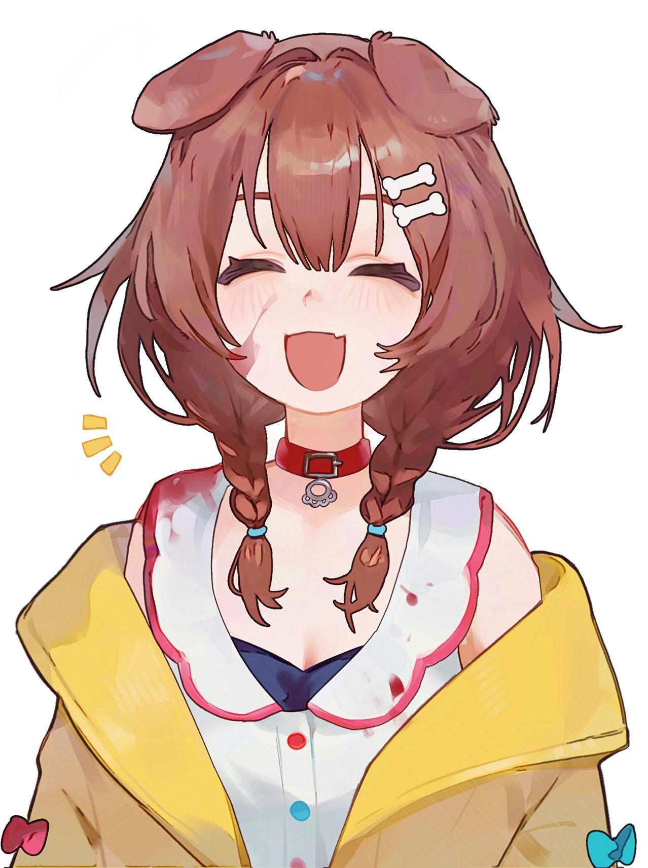 yasumigohan, inugami korone, inugami korone (1st costume), hololive, highres, 1girl, ^ ^, animal collar, animal ears, blood, blood on clothes, blood on face, bone hair ornament, braid, brown hair, closed eyes, collar, dog ears, dog girl, dress, fang, hair ornament, jacket, laughing, low twin braids, open mouth, red collar, skin fang, smile, solo, twin braids, virtual youtuber, white background, white dress, yellow jacket