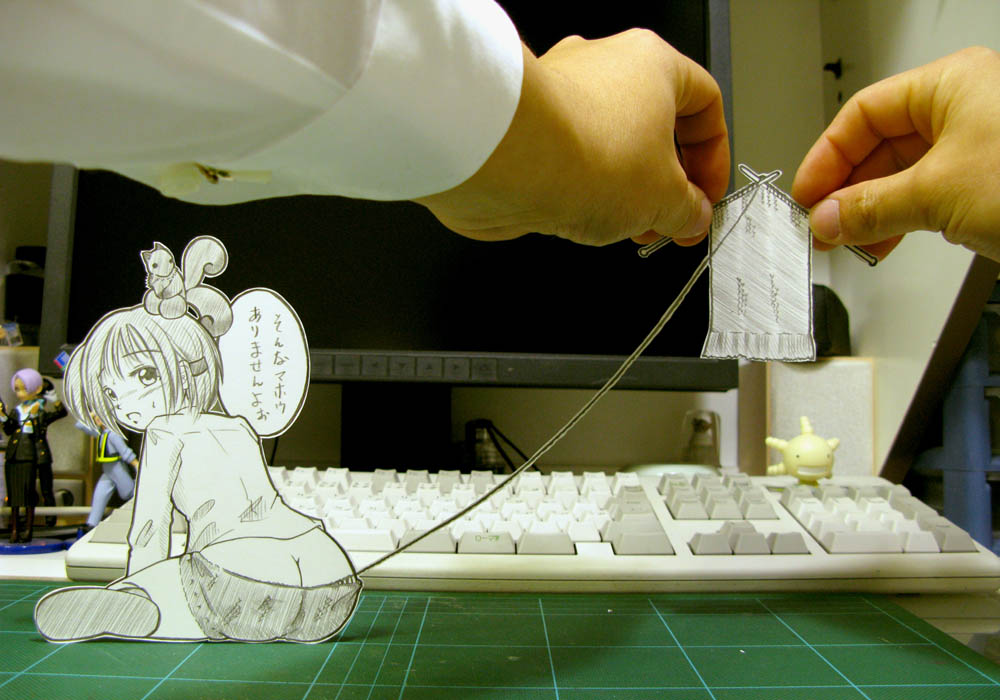 sasaki yukinojou, oryzae-tan, hibiki, hibiki no mahou, papercraft (medium), photo (medium), translated, unconventional media, 1girl, ass, butt crack, computer keyboard, hibiki no maho, interactive media, knitting, looking back, mechanical keyboard, monitor, paper child, sitting, squirrel, topre