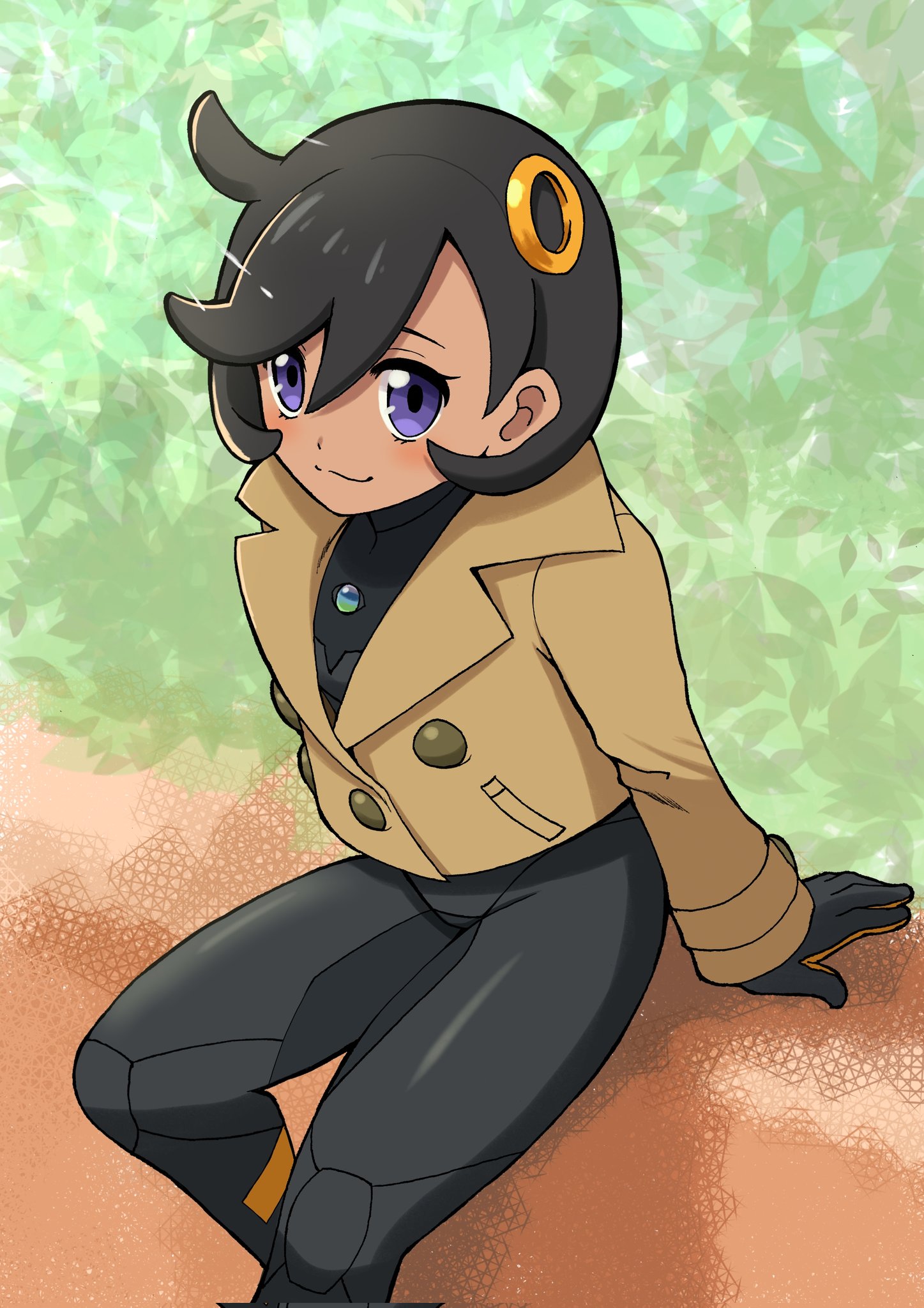 emapippi, emma (pokemon), nintendo, pokemon, pokemon legends: z-a, highres, 1girl, black bodysuit, black hair, blush, bodysuit, brown jacket, bush, closed mouth, green background, hair ornament, jacket, looking at viewer, purple eyes, short hair, side ahoge, sitting, skin tight, smile, solo