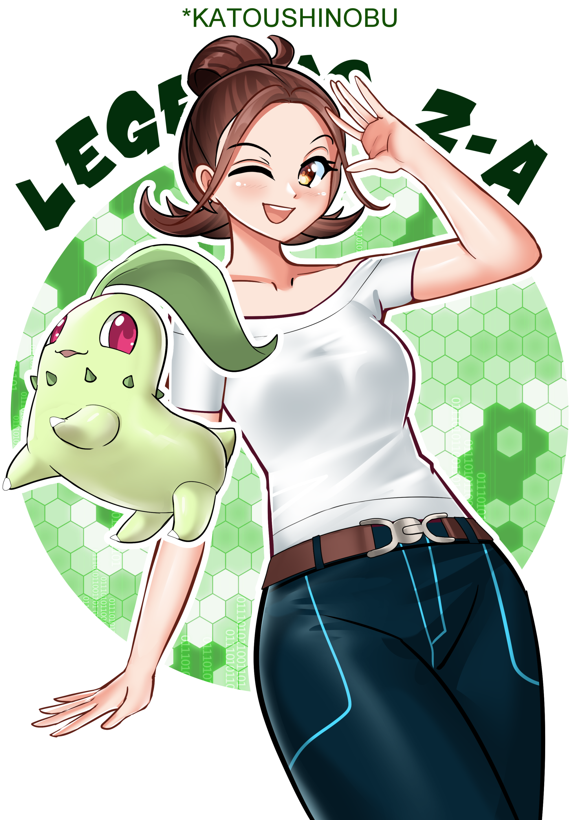 katou shinobu, chikorita, harmony (pokemon), nintendo, pokemon, pokemon legends: z-a, absurdres, commentary, english commentary, highres, 1girl, ;d, ||/, ahoge, arm at side, arm up, artist name, belt, belt buckle, black pants, blush, breasts, brown belt, brown eyes, brown hair, buckle, copyright name, covered groin, cowboy shot, flipped hair, forehead, gen 2 pokemon, green background, hair pulled back, honeycomb (pattern), honeycomb background, looking at viewer, medium breasts, no headwear, no jacket, one eye closed, open mouth, outline, pants, pokemon (creature), red eyes, shirt, short hair, short sleeves, smile, standing, t-shirt, taut clothes, taut shirt, topknot, white background, white outline, white shirt