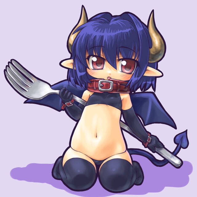 dd (ijigendd), original, bad id, bad pixiv id, 1girl, black thighhighs, blue hair, blush, collar, demon girl, demon horns, demon tail, demon wings, female focus, flat chest, fork, full body, horns, kneeling, midriff, mini person, minigirl, navel, oversized object, panties, red eyes, simple background, solo, tail, thighhighs, underwear, wings