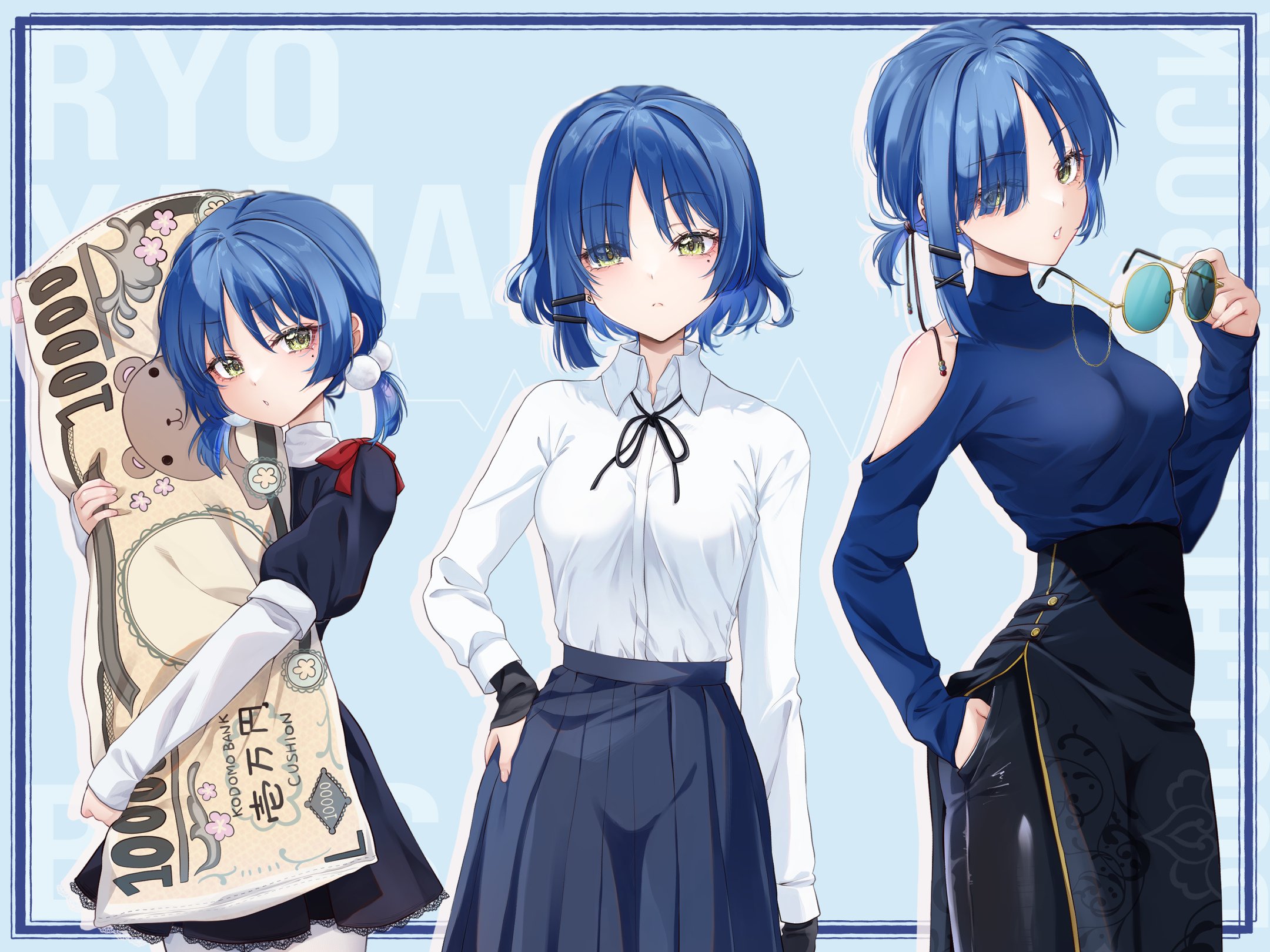 yoru0409, yamada ryo, bocchi the rock!, twitter, 1girl, aged down, aged up, alternate breast size (larger), alternate costume, english text, upper body