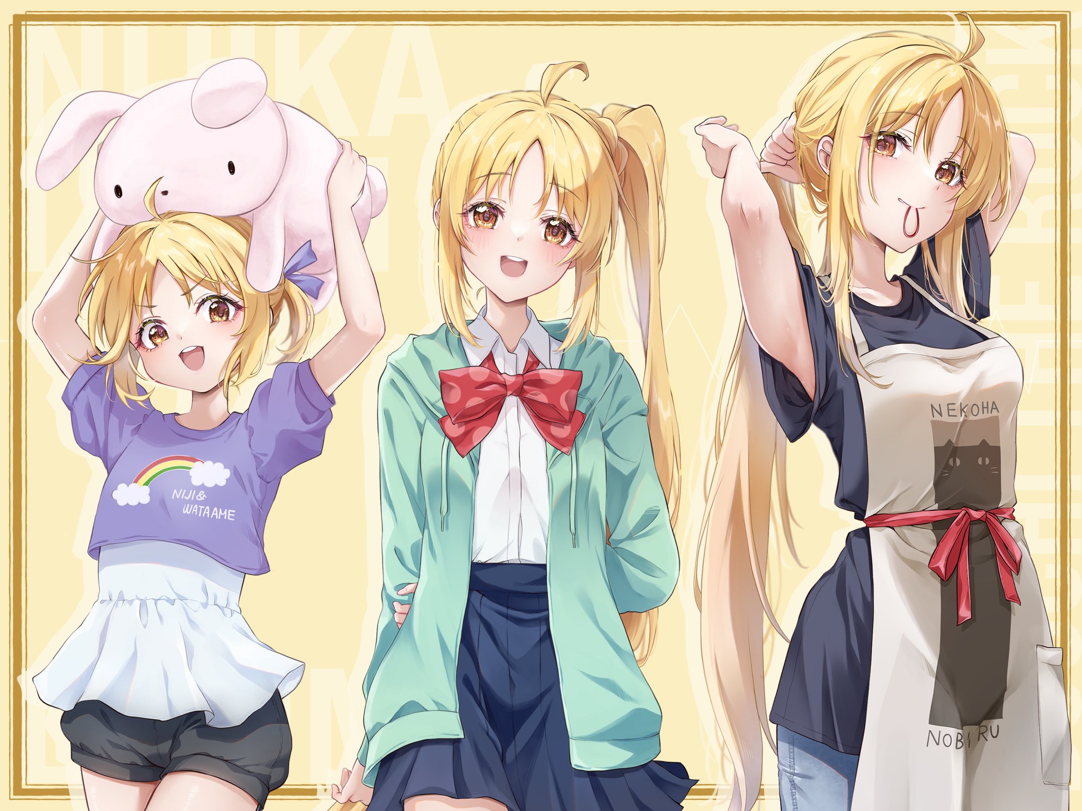 yoru0409, ijichi nijika, bocchi the rock!, twitter, 1girl, aged down, aged up, alternate breast size (larger), alternate costume, english text, upper body