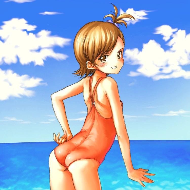 tanisi (hosimade), futami mami, idolmaster, idolmaster (classic), idolmaster 1, 00s, 1girl, ass, beach, blush, brown eyes, brown hair, day, female focus, flat chest, hair bobbles, hair ornament, hand on own hip, hip focus, loli, looking back, ocean, one-piece swimsuit, short hair, solo, swimsuit