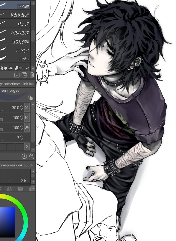 original, 2boys, art program in frame, black gloves, black hair, black nails, black pants, choker, closed eyes, closed mouth, earrings, face piercing, fingerless gloves, gloves, jewelry, kidutuskone, male focus, multiple boys, nose piercing, pants, piercing, self-harm scar, short hair, spiked wristband