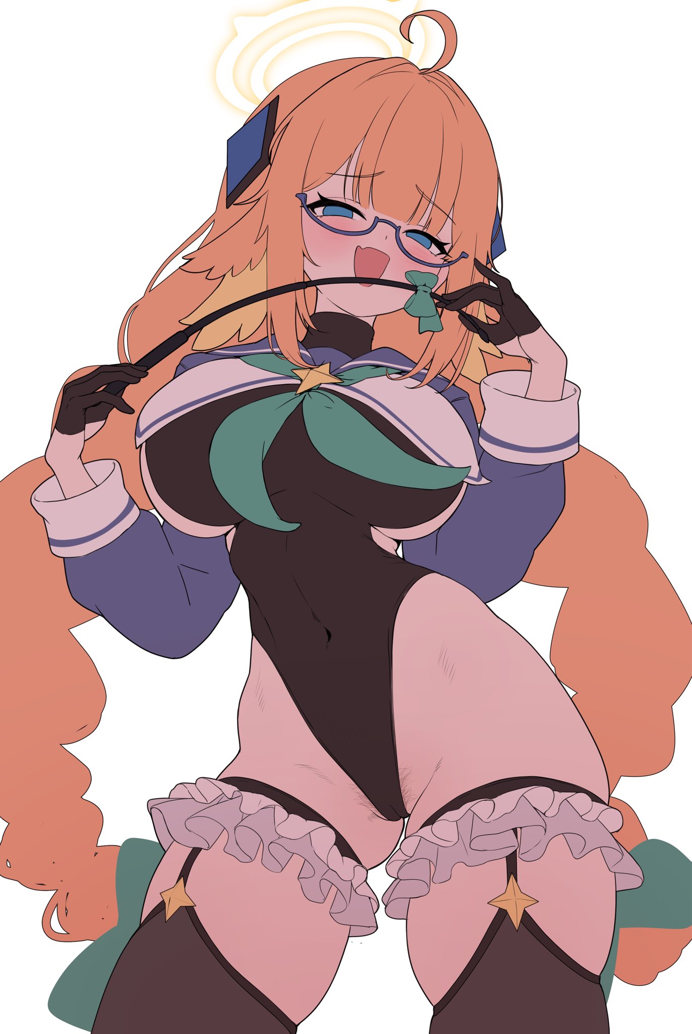 tansui san (tcjp4784), shimiko (blue archive), blue archive, braided twintails, highres, 1girl, ahoge, black gloves, black leotard, blue shrug, braid, breasts, covered navel, feather hair, feathers, female pubic hair, frills, glasses, gloves, half gloves, halo, holding, holding riding crop, large breasts, leotard, looking at viewer, low twin braids, orange hair, pubic hair, pubic hair peek, riding crop, shimiko (magical) (blue archive), shrug (clothing), sketch, smile, solo, twin braids, yellow feathers, yellow halo