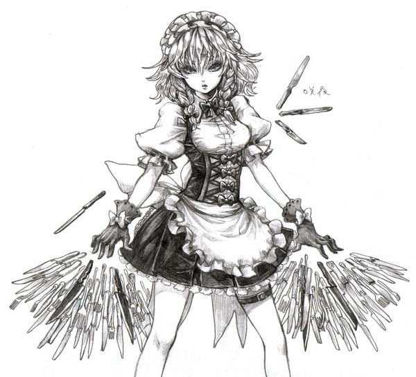 takatora, izayoi sakuya, touhou, 1girl, braid, female focus, gloves, hat, knife, lips, maid, monochrome, open mouth, simple background, skirt, solo, throwing knife, weapon