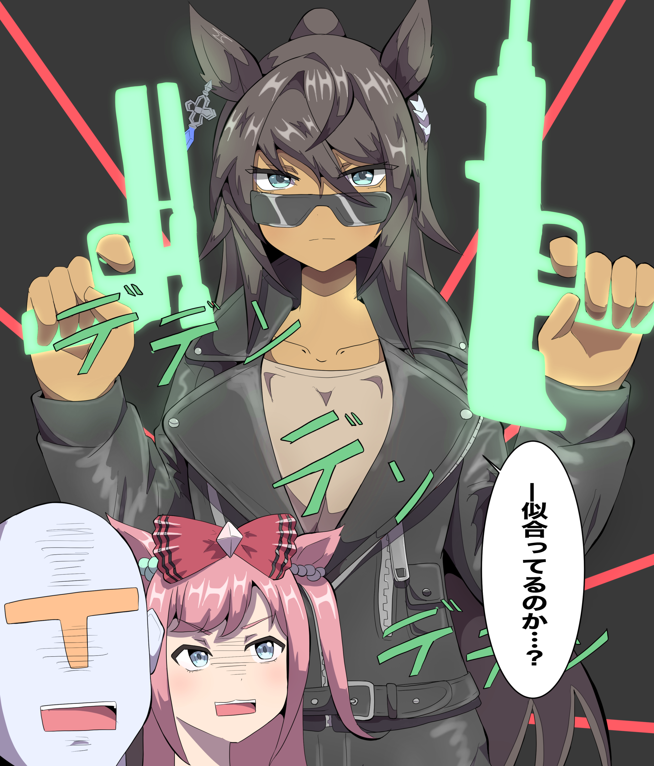 takobutter, agnes digital (umamusume), symboli kris s (umamusume), t-head trainer (umamusume), trainer (umamusume), terminator (series), the terminator, umamusume, absurdres, commentary request, highres, translation request, 1other, 2girls, animal ears, black background, black hair, black jacket, blue eyes, brown shirt, closed mouth, collarbone, dark-skinned female, dark skin, grey eyes, gun, hair between eyes, holding, holding gun, holding weapon, horse ears, jacket, long hair, long sleeves, looking at viewer, multiple girls, open mouth, pink hair, puffy long sleeves, puffy sleeves, shirt, sunglasses, two side up, very long hair, weapon