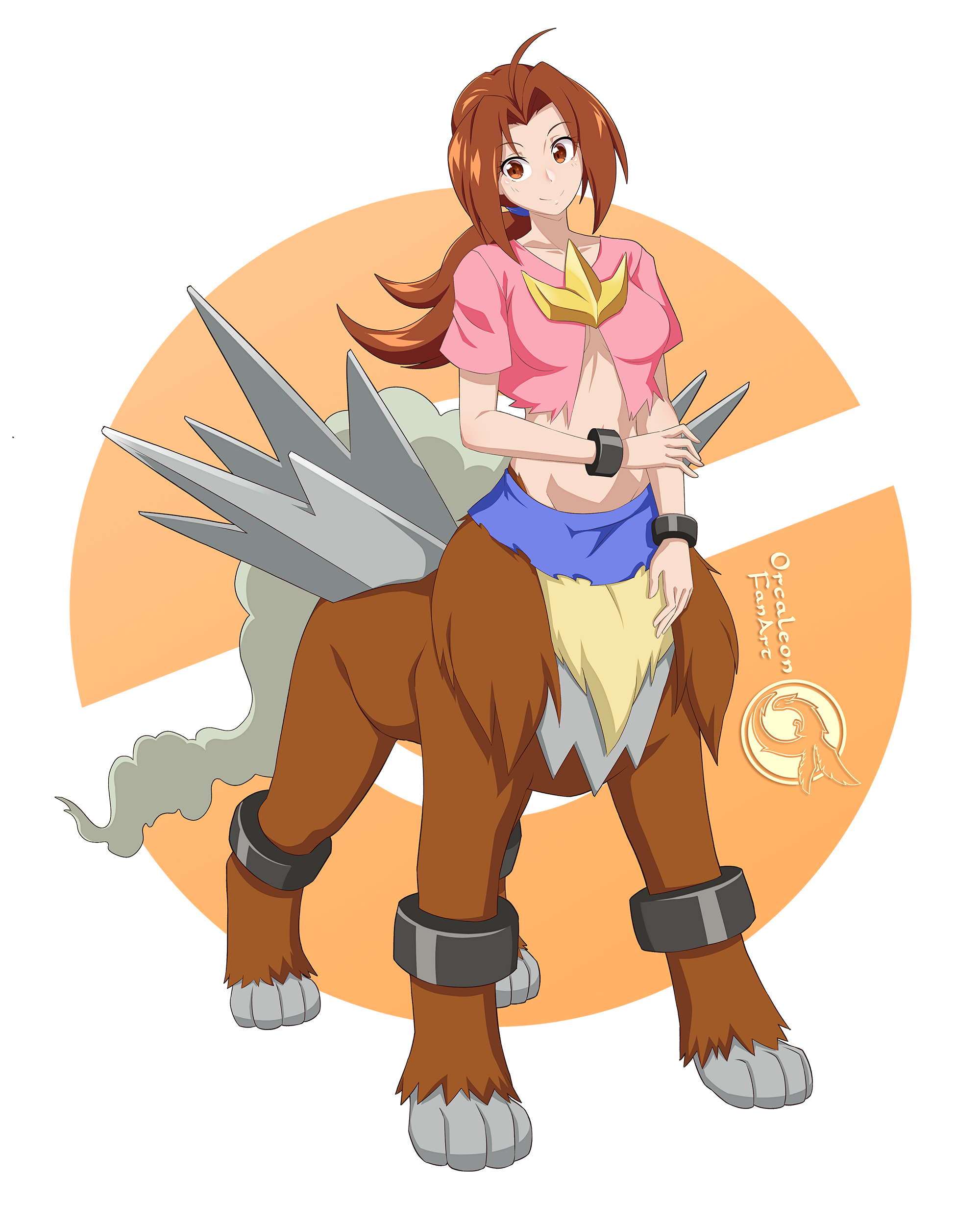 orcaleon, delia ketchum, entei, nintendo, pokemon, absurdres, highres, 1girl, artist name, bracelet, breasts, brown eyes, brown hair, gen 2 pokemon, jewelry, legendary pokemon, looking at viewer, medium breasts, midriff, monsterification, pink shirt, poke ball symbol, shirt, short sleeves, smile, solo, taur