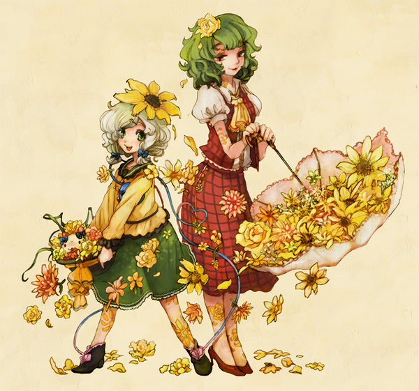 ruto (petatann), kaenbyou rin, kaenbyou rin (cat), kazami yuuka, komeiji koishi, touhou, resized, 2girls, flower, green eyes, green hair, high heels, multiple girls, pixiv thumbnail, red eyes, shoes, short hair, sunflower, tattoo, third eye, traditional youkai, umbrella