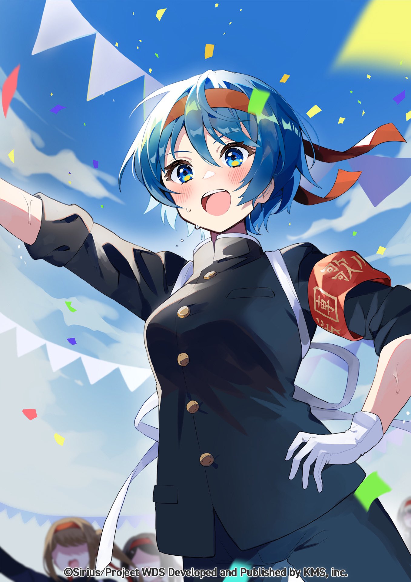 usukawa (uskw sr), toneri nikako, world dai star, highres, official art, 1girl, alternate costume, armband, blue eyes, blue hair, blue sky, blush, cloud, confetti, gloves, headband, looking at viewer, open mouth, short hair, sky, smile, solo, string of flags