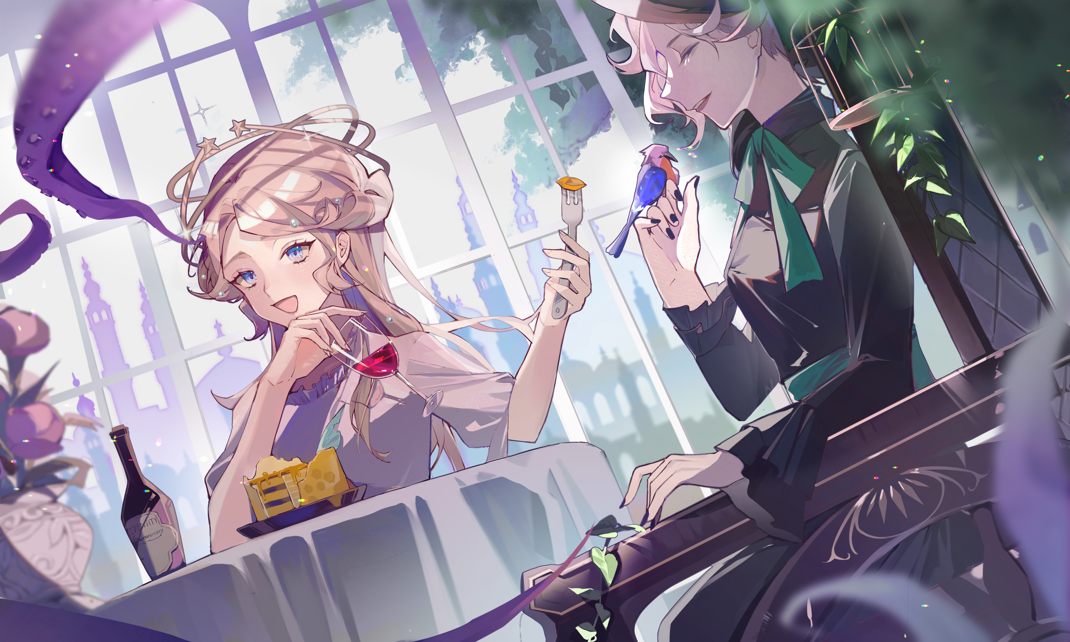artue, identity v, absurdres, character request, highres, 2girls, blue eyes, bottle, castle, chair, cheesecake, closed eyes, cup, drinking glass, food, hand up, holding, holding cup, multiple girls, on chair, open mouth, parted lips, sitting, smile, star (symbol), table, teeth, tentacles, upper body, upper teeth only, window, wine bottle, wine glass