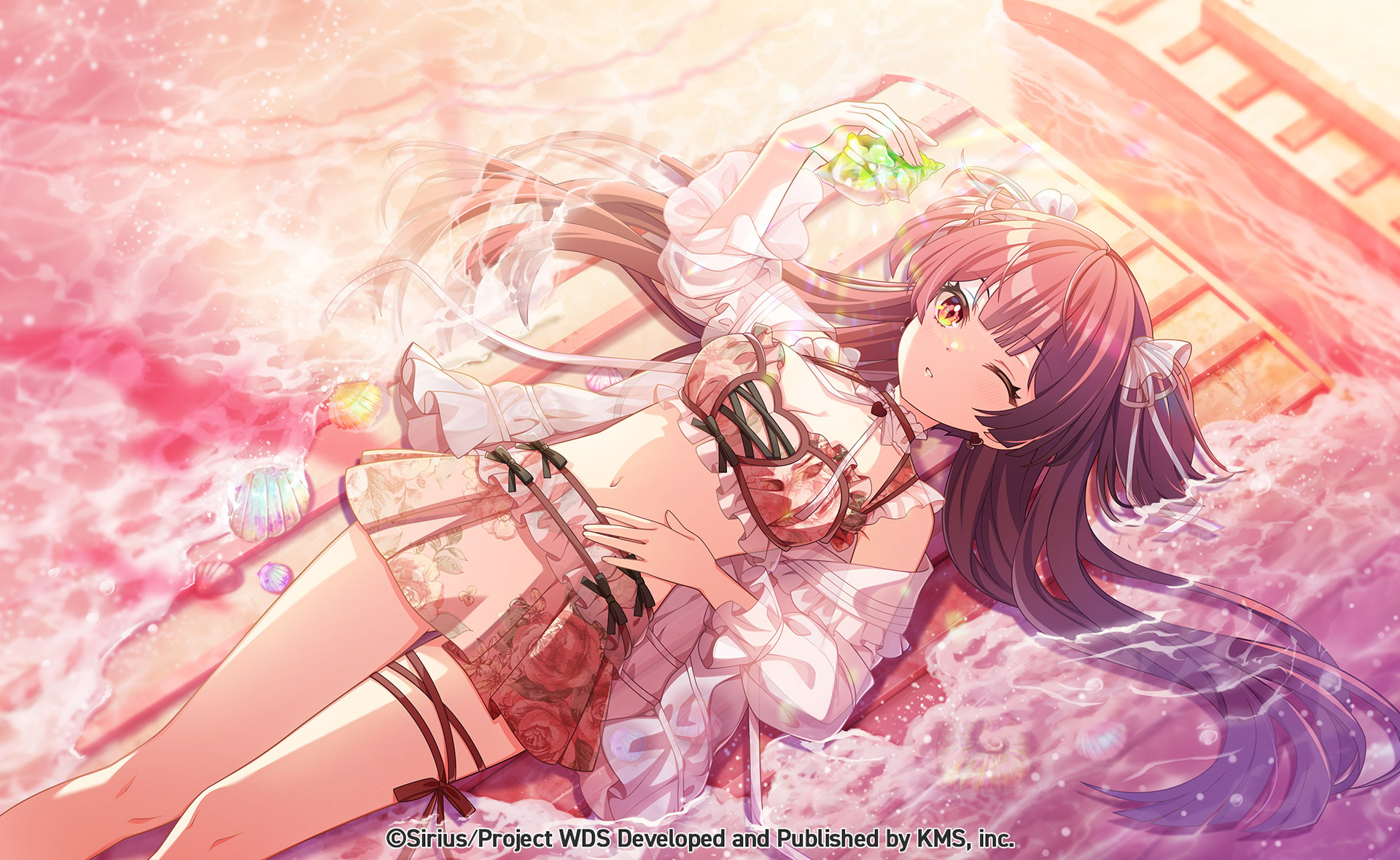 kanengomi, nekoashi tsubomi, world dai star, highres, official art, 1girl, bikini, blush, breasts, cleavage, hair ornament, long hair, looking at viewer, lying, medium breasts, navel, on back, one eye closed, parted lips, see-through clothes, solo, swimsuit, thigh strap, water