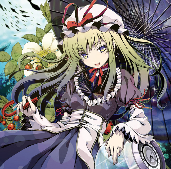 aka ringo, yakumo yukari, touhou, resized, blonde hair, clock, parasol, pixiv thumbnail, purple eyes, umbrella